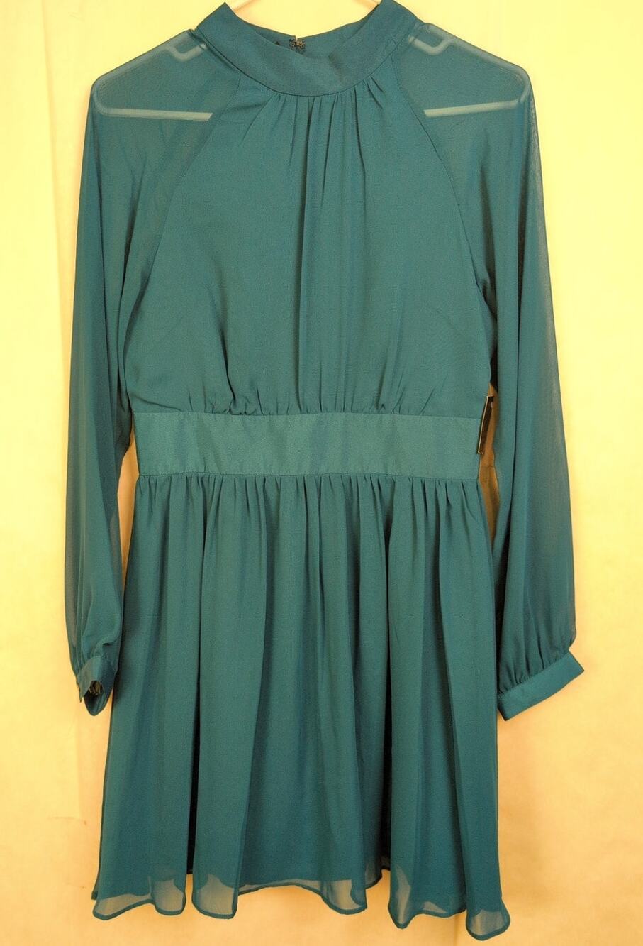 New Bongo teal high neck sheer chiffon open back dress Size M Feminine Romantic